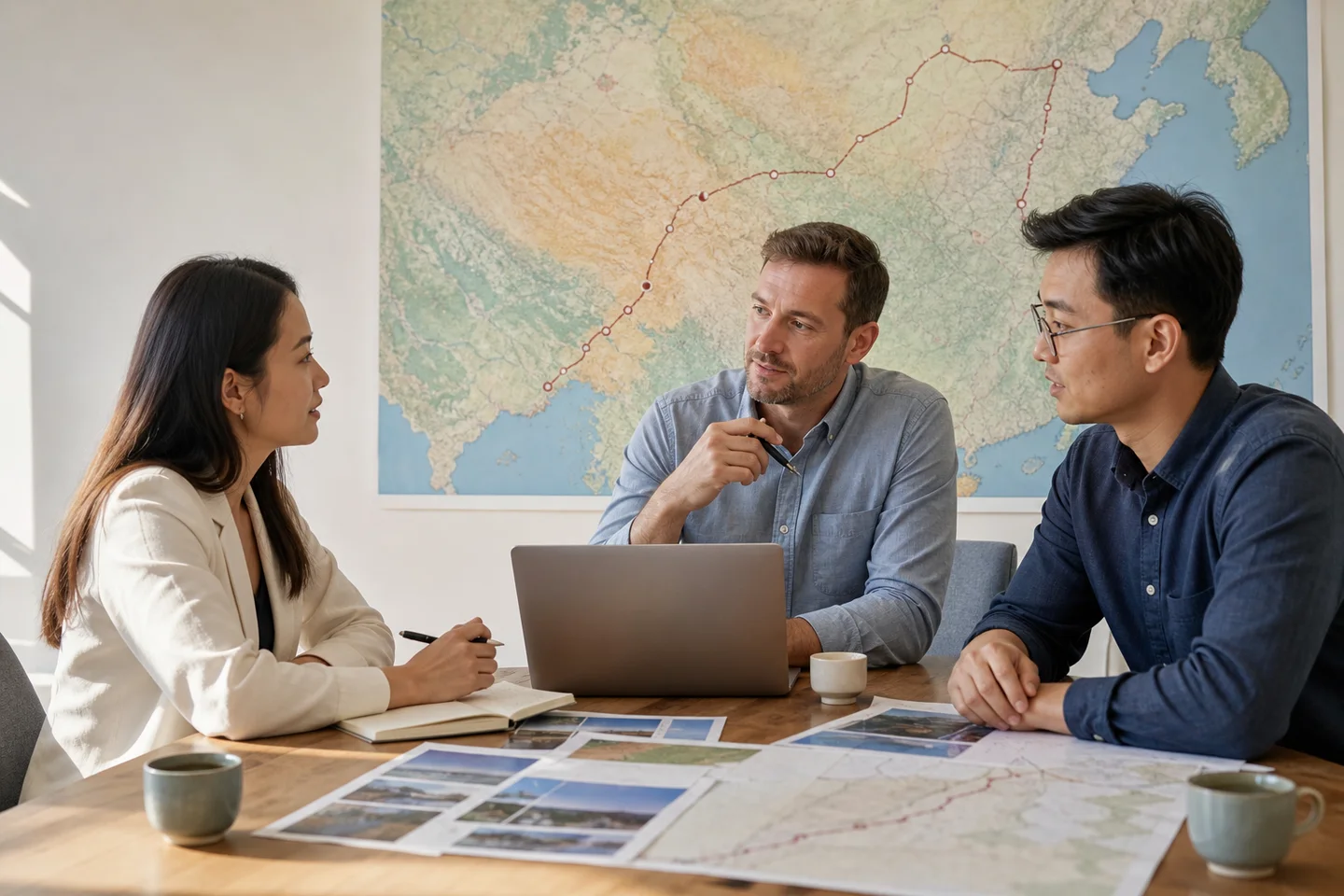 Travel professionals planning a China itinerary together in an agency workshop.