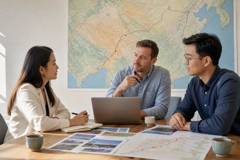 Travel professionals planning a China itinerary together in an agency workshop.
