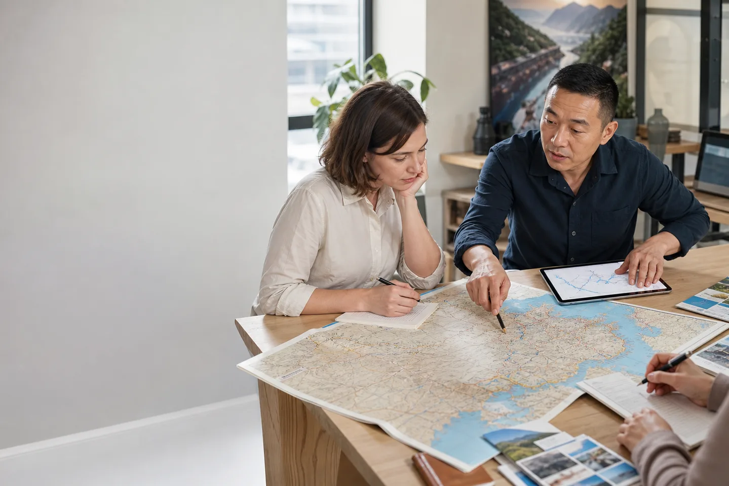 Travel professionals reviewing a China itinerary on a map together.