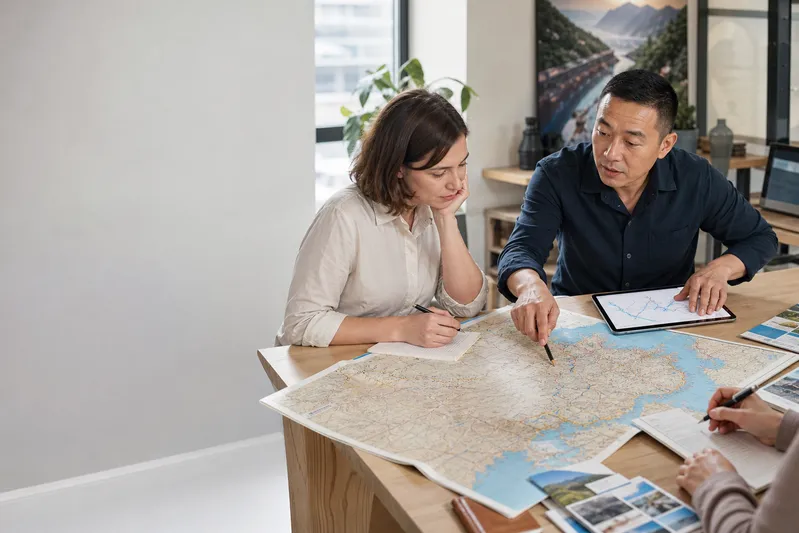 Travel professionals reviewing a China itinerary on a map together.