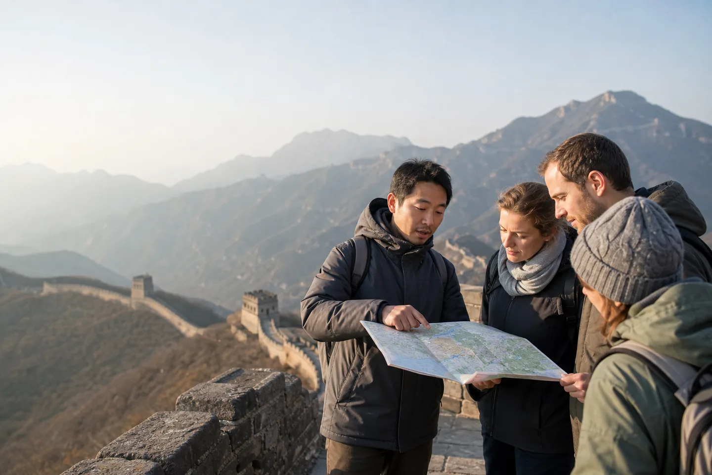 A local guide explaining a route to international travelers on the Great Wall.