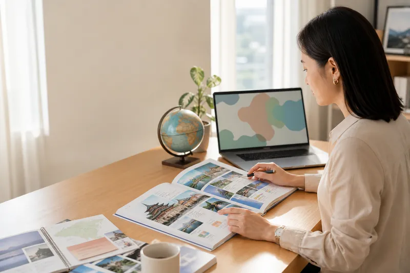 A travel content strategist reviewing China destination materials and route plans.